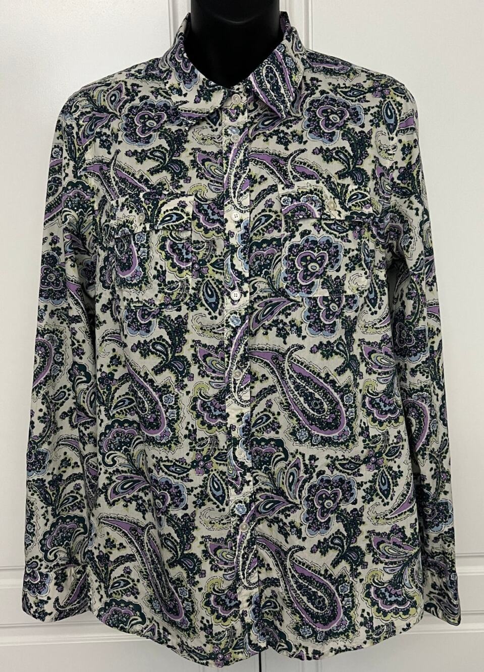 Talbots Women's Lavender/Green Paisley Button Up Shirt Long Sleeve Size 10